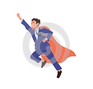 Businessman superhero cartoon character in red cape and suit flying to sky isolated on white