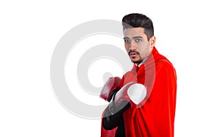 Businessman in superhero cloak and boxing gloves