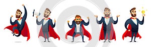 Businessman in a superhero costume. Character collection of business hero in various poses. Super manager set