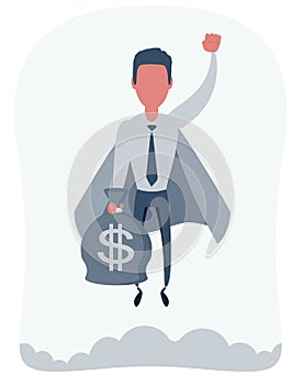 Businessman superhero flies up with moneybag. Business concept s power and uniqueness