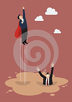 Businessman superhero get away from puddle of quicksand