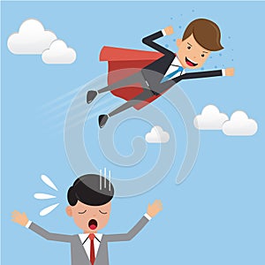 Businessman Superhero in Suit Fly Over His Competitor. Concept business vector illustration Flat Style.