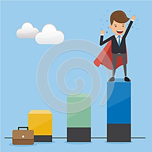 Businessman Superhero in Suit on Top Height Graph. Concept business vector illustration Flat Style.