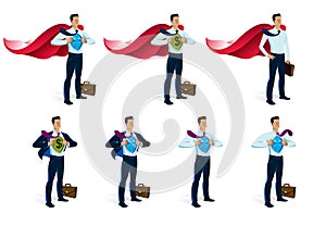 Businessman superhero vector illustrations set, young handsome business man standing brave and strong, leadership concept, success