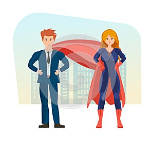 Businessman and superwoman is superheros, on background of street city.