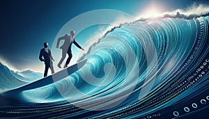 Businessman surfing binary code waves
