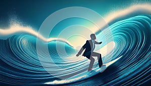 Businessman surfing binary code waves