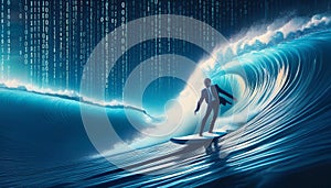 Businessman surfing binary code waves