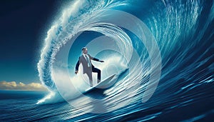 Businessman surfing binary code waves