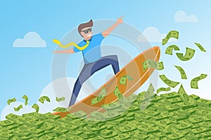 Businessman surfing financial seas. Riding dollar cash money waves on surfboard showing victory gesture. Successful trader on peak