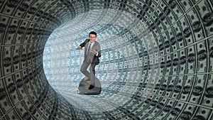 Businessman Surfing inside a Tube of US Dollars, stock footage