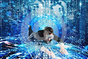 Businessman surfing the internet underwater with mask. Internet exploration concept