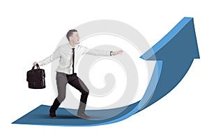 Businessman surfing on an upward arrow isolated over white background