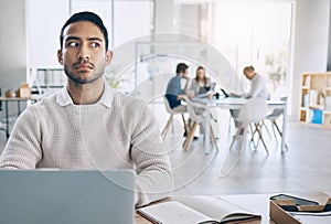 Businessman, suspicious and listening to gossip, conversation and awareness in with laptop in office. Corporate worker