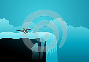 Businessman swimming against the current, avoiding the waterfall's edge