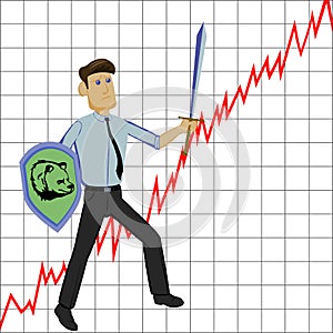 Businessman with sword and shild on graph background