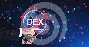 Businessman with tablet, DEX and earth globe hologram with blockchain