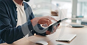 Businessman, tablet and hands in office for research, communication and project planning at workplace. Closeup