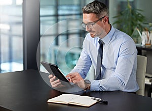 Businessman, tablet and notebook in office typing for communication, corporate research and company information