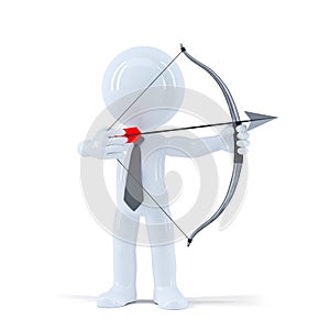 Businessman takes aim at a target with bow and arrow