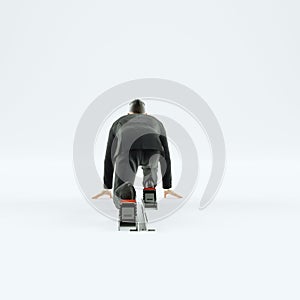 Businessman taking low start to running. On white background.