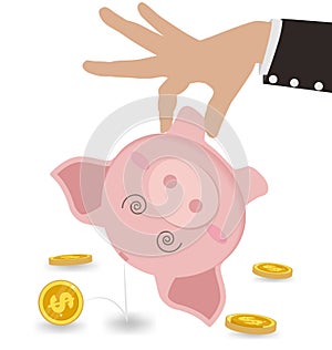 Businessman Taking Money Out of Cute Piggy Bank. Business Concept