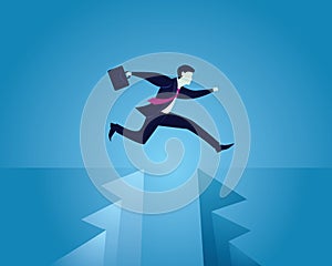 Businessman taking risk jumping over gap, vector illustration