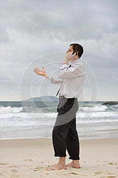 Businessman talking on cell phone on a beach