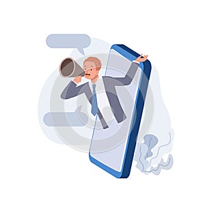 Businessman talking in a megaphone through the phone screen. The concept of digital marketing, advertising. Vector illustration