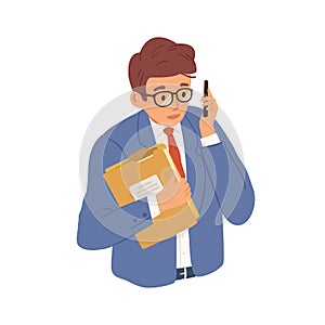 Businessman talking on mobile phone. Young man calling or contacting customers. Office worker chatting on business using