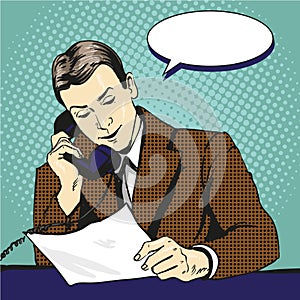 Businessman talking by phone and reading documents. Vector illustration in retro pop art comic style