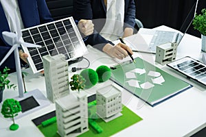 Businessman team using computer on CO2 emission reduction concept with global warming icon. along with climate, energy,