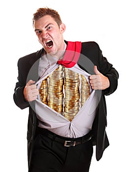 Businessman tearing his shirt piles coins on it