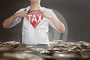 Businessman tearing his shirt showing Tax text on his chest