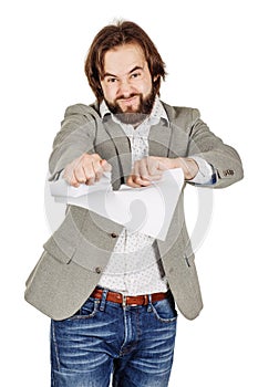 Businessman tearing up a contract or agreement