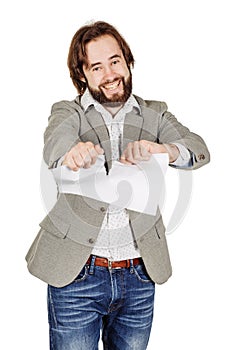 Businessman tearing up a document