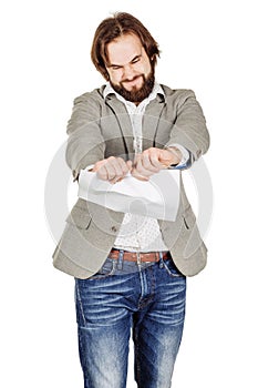 Businessman tearing up a document, contract or agreement