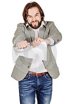 Businessman tearing up a document, contract or agreement