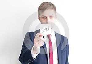 Businessman with text Hired.