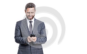 Businessman texting on phone isolated on white. Business texting message. Online business. Business man in suit use