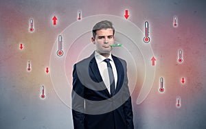 Businessman with thermometer and fever concept