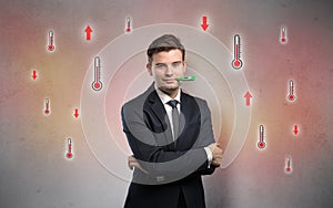 Businessman with thermometer and fever concept