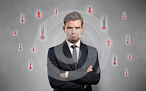 Businessman with thermometer and fever concept