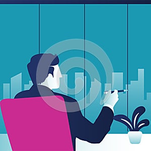 Businessman thinking and contemplating see a view of the city through a glass window. Business Vector Illustration