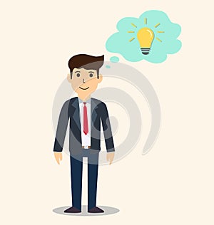 Businessman thinking about ideas. Light bulb icon in speech bubble. Creative idea and inspiration concept. Vector illustration