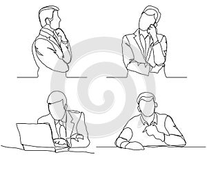 Businessman thinking linear design, continuous line, Thoughtful man with laptop outline.