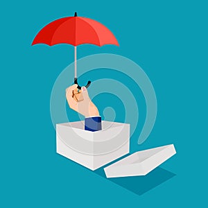 Businessman thinking outside the box and holding an umbrella. business protection concept