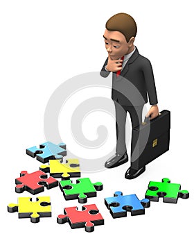 Businessman thinking over parts of the puzzle