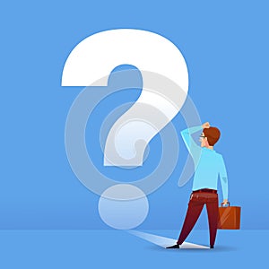 Businessman thinking question mark ponder problem business financial concept on blue background flat