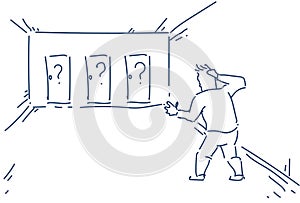 Businessman thinking question marks right way choice concept business plan idea man silhouette sketch doodle horizontal